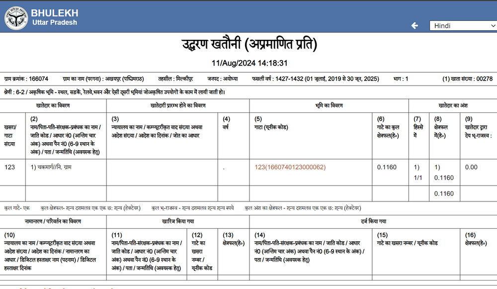 यूपी भूलेख रियल टाइम खतौनी की नकल